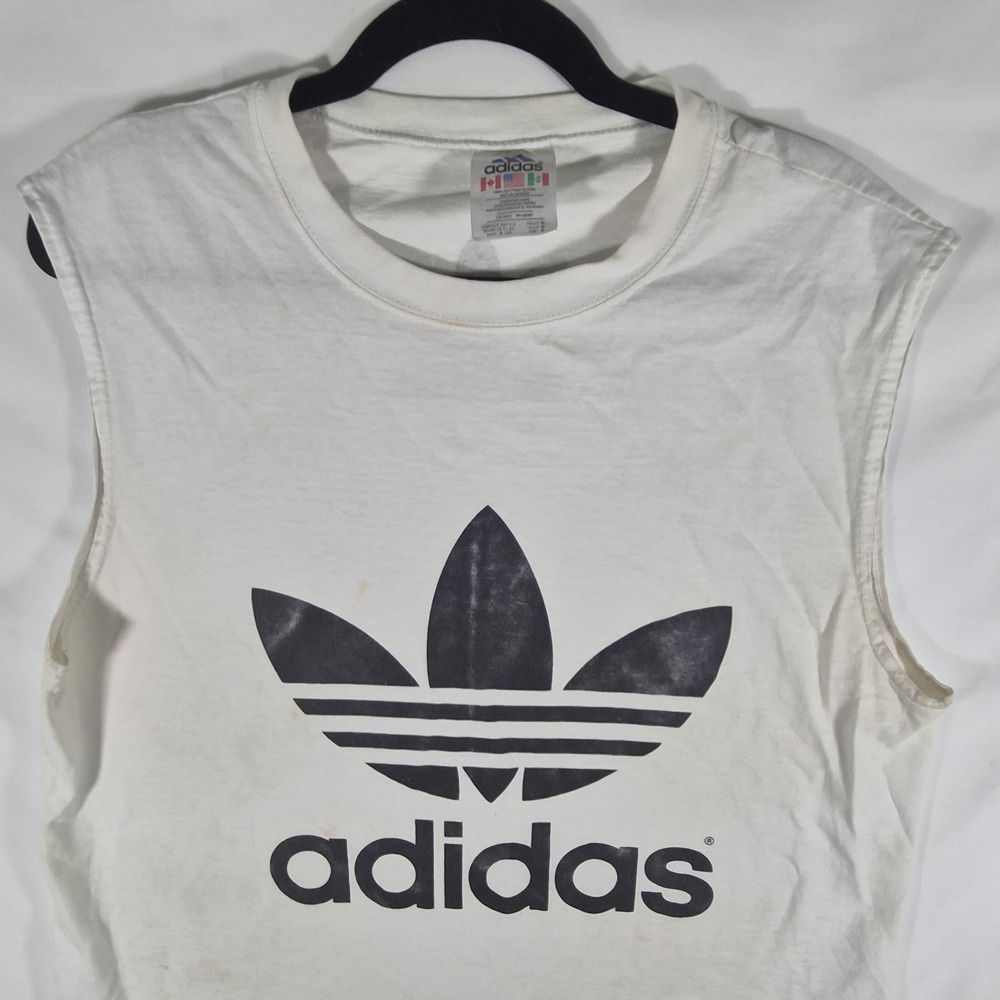 Vintage Adidas Trefoil Logo White Sleeveless Muscle Shirt Men's Large Distressed